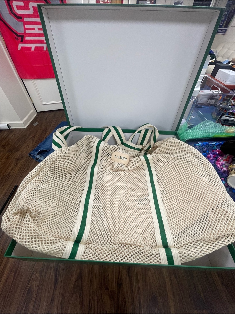 La Mer Mesh Beach Tote Bag Cream Green Stripe w/ Canvas Zip Pouch & Gift Box